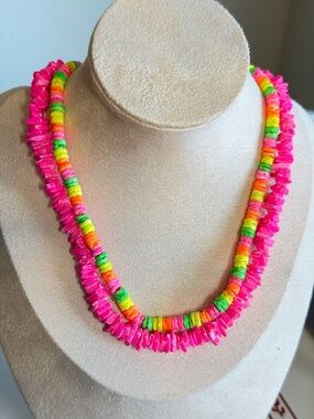 Neon Pink Multicolor Hawaiian Shell Necklaces 16”